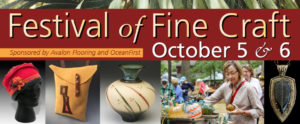 Banner for the Festival of Fine Craft, Sponsored by Avalon Flooring and OceanFirst, on Ocotber 5 & 6 with photos below of several exhibitor's pieces