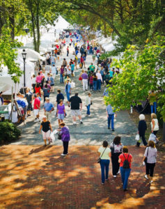 Overhead shot of Festival of Fine Craft crowd exploring the booths