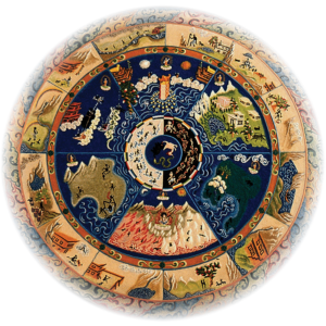 "Wheel of Life” Sand Mandala. Center and three segmented rings, with rich imagery portraying the cycle and pitfalls of life