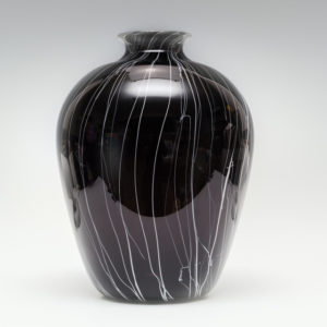 Wide black glass vase with white detailing