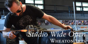 Banner for Studio Wide Open. Background with Fellow Alexander Rosenberg shaping glass.