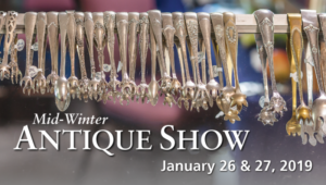 Banner for the Mid-Winter Antique Show on January 26 & 27, 2019. Background image showing metalworked silver tongs on display.