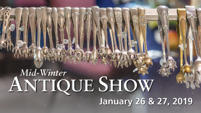 Banner for the Mid-Winter Antique Show on January 26 & 27, 2019. Background image showing metalworked silver tongs on display.