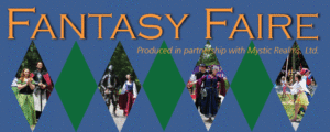 Banner for Fantasy Faire: Produced in partnership with Mystic Realms, Ltd. Includes diamonds containing photos of various performers.