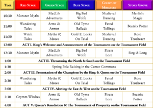 Stage Schedule for each stage, court of miracles, and story grove for Fantasy Faire on June 22 and 23, 2019.