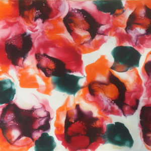 An encaustic painting created by Anna Kuczynski with the Monotype Collagraphy technique, depicting rich hues of magenta, orange, and dark green, loosely resembling poppies