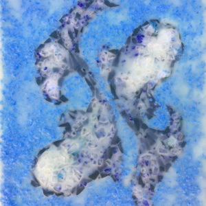 An encaustic painting with stained glass inclusions by Anna Kuczynski, depicting two white and blue fish swimming opposite ways