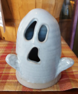 Little white glazed ceramic ghost created for Tessa Peterzak's Spooky Ghosts: Handbuilding Clay class