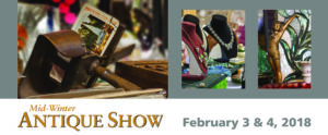 Banner. Mid-Winter Antique Show on February 3 & 4, 2018. Photos of a vintage stereoscope, jewelry display, and sculpture.