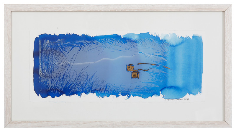 Blue and orange screen print on glass in a white frame. Created by Gulfidan Ozmen.