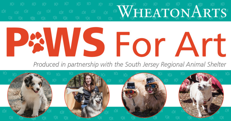 Banner. PAWS for Art: Produced in partnership with the South Jersey Regional Animal Shelter. Four pictures of different dogs.