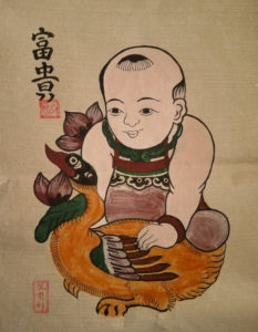 Dong Ho woodblock painting of a boy holding a large yellow rooster