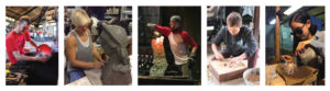 Five separate shots cut together of Creative Glass Fellows working on their crafts, including sculpture, carving, and glass works