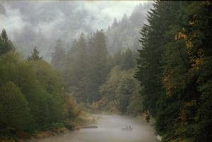 Artwork by Barry Hollritt, scene of two people on a boat in a valley river, surrounded by fog and various tall green trees.