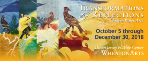 Banner. “Transformations and Reflections” exhibit in the Down Jersey Folklife Center from October 5 through December 30, 2018