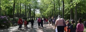 Adults and children walking down along the grounds of WheatonArts