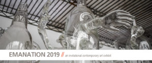 Emanation 2019 web banner with sneak peak of glass bottles with hands reaching out by Tristin Lowe