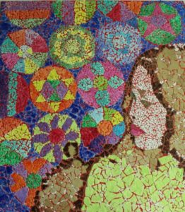 Philippine Eggshell mosaic of woman in profile with colorful flowers and circles filling the negative space. Artwork by Ameurfina Nazario,