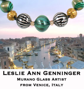 Promo for “Leslie Ann Genninger Murano Glass Artist from Venice, Italy.” Teal, black, and gold bead necklace over a photo of Venice