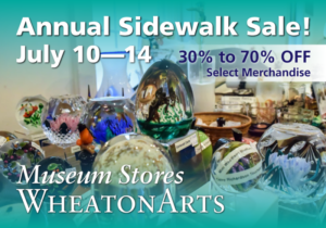 Promotional image for the Annual Sidewalk Sale, July 10 through 14, 2019. 30 percent to 70 percent off select merchandise. Background image of several paperweights.