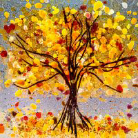 Painted glass pane of a red and yellow autumn tree with falling leaves Created by Katherine Cheetham