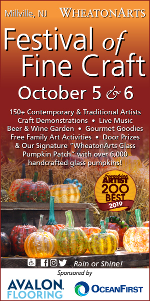 Vertical Banner for "WheatonArts Festival of Fine Craft, sponsored by Avalon Flooring and OceanFirst, on October 5 & 6, 150+ Contemporary & Traditional Artists, Craft Demonstrations, Live Music, Beer & Wine Garden, Gourmet Goodies, Free Family Art Activities, Door Prizes & our signature "WheatonArts Glass Pumpkin Patch" with over 6,000 handcrafted glass pumpkins"