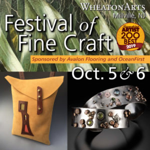 Card for the Festival of Fine Craft with photos of green illustrated grass, a yellow leather bag with brown leather accents, and two metal bracelets with small metal embellishments. Text reads: Festival of Fine Craft, sponsored by Avalon Flooring and OceanFirst, October 5 and 6. Sunshine Artist 200 Best 2019.