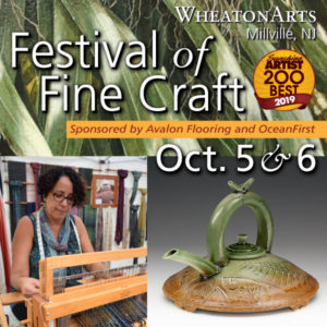 Card for the Festival of Fine Craft with photos of green grass, a ceramic brown and green teapot, and demonstrating artist, pauletta berger, working in fiber. Text reads: Festival of Fine Craft, sponsored by Avalon Flooring and OceanFirst, October 5 and 6. Sunshine Artist 200 Best 2019.