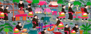 Hmong story cloth (detail) of villagers daily chores by Pang Xiong Sirirathasuk Sikoun