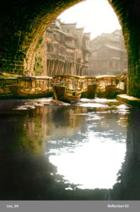 Photograph by Michael Leu of 6 boats docked under a brick arch covered in moss. The reflections of the boats reach out into the dark water. In the distance are several stilt houses