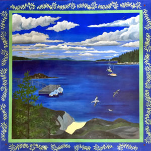 Painted floor cloth by Ellie Wyeth. An ocean scene with two sailboats, two flying seagulls, and three docked boats under a cloudy blue sky.