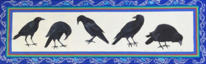 A painted floor cloth by Ellie Wyeth. 5 crows in different poses stand against a stark white background with a blue border.