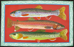 A painted floor cloth by Ellie Wyeth. Three long trout, one blue, one red, and one green, lay against a red background.