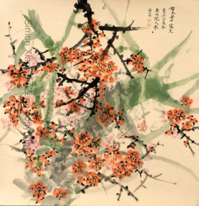 A brush painting by Simon Zeng of orange flowers with black and green branches