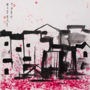 A representational abstract brush painting by Simon Zeng of houses lined up closely side by side with beautiful drops of fuchsia throughout the piece.