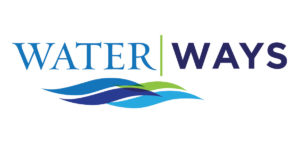 Water | Ways logo blue and green tones with 4 wave-like markings underneath.