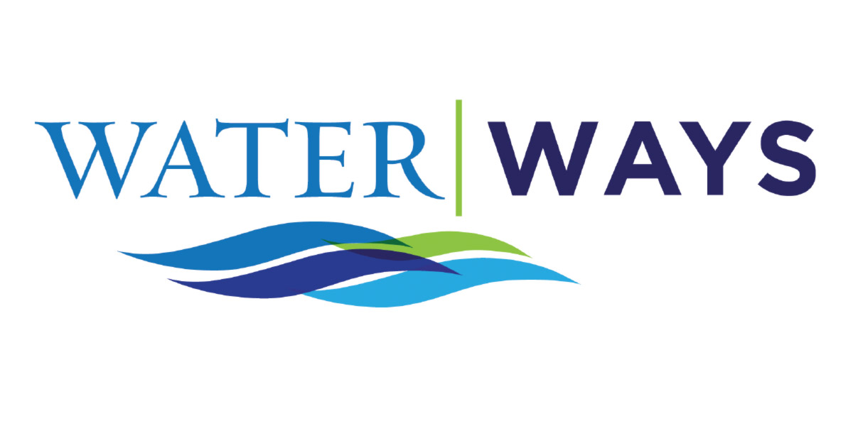 Water | Ways logo blue and green tones with 4 wave-like markings underneath.