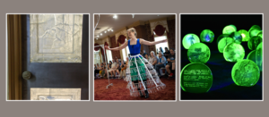 A glass cast door from Karyn Olivier, Martha McDonald dancing in the test tube dress during the Phantom Frequencies performance, and uranium glass orbs from Jo Yarrington for Emanation 2019