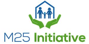 Logo for M25 Initiative in blue and green, with a vector image of green hands holding a blue home with a family within.