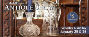 Mid-Winter Antique Show at WheatonArts on January 25 & 26, 2020. Admission is $6 per person. Image shows two clear glass vessels on an antique wooden shelf with a mirror behind them.