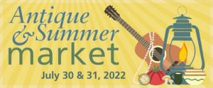 General banner: "Antique Summer Market." The background is yellow with blue and green letters and colorful items, such as a string guitar, a large tomato, an oil lamp, and stacked ceramic bowls in a corner.