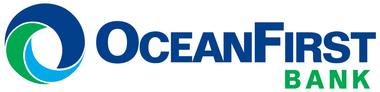 Image of the logo for OceanFirst Bank. The logo consists of a circle that is made up of a blue curvy streak on top, a smaller light blue curvy streak on the bottom right, and a medium sized green curvy streak on the bottom left. The middle is white. To the right of the circle is blue text that reads "OceanFirst". Underneath the "irst" is green text that reads "Bank".