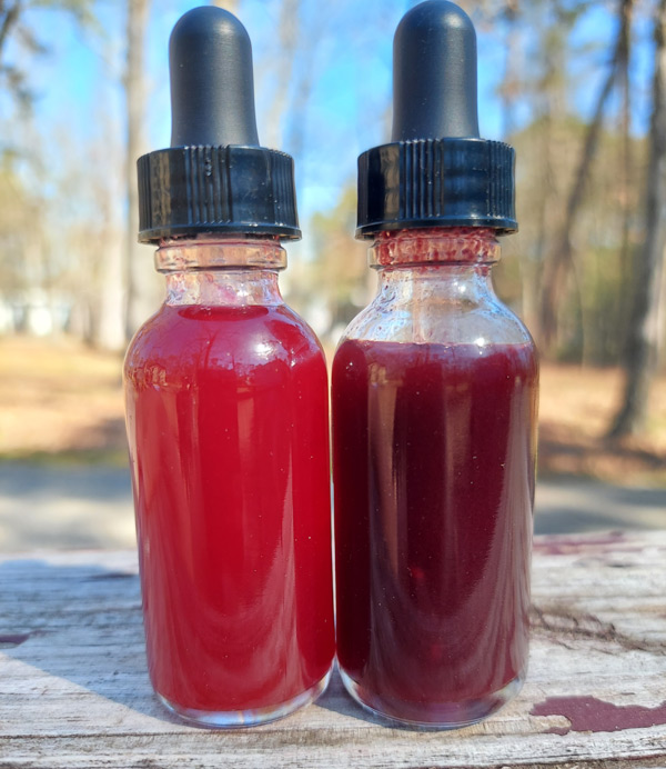 Image of two small clear glass bottles resting outside on a wooden surface. Each bottle has a black dropper on top. The bottle on the right is filled with a reddish, dark pink substance and the bottle on the right is filled with a reddish, dark purple substance.